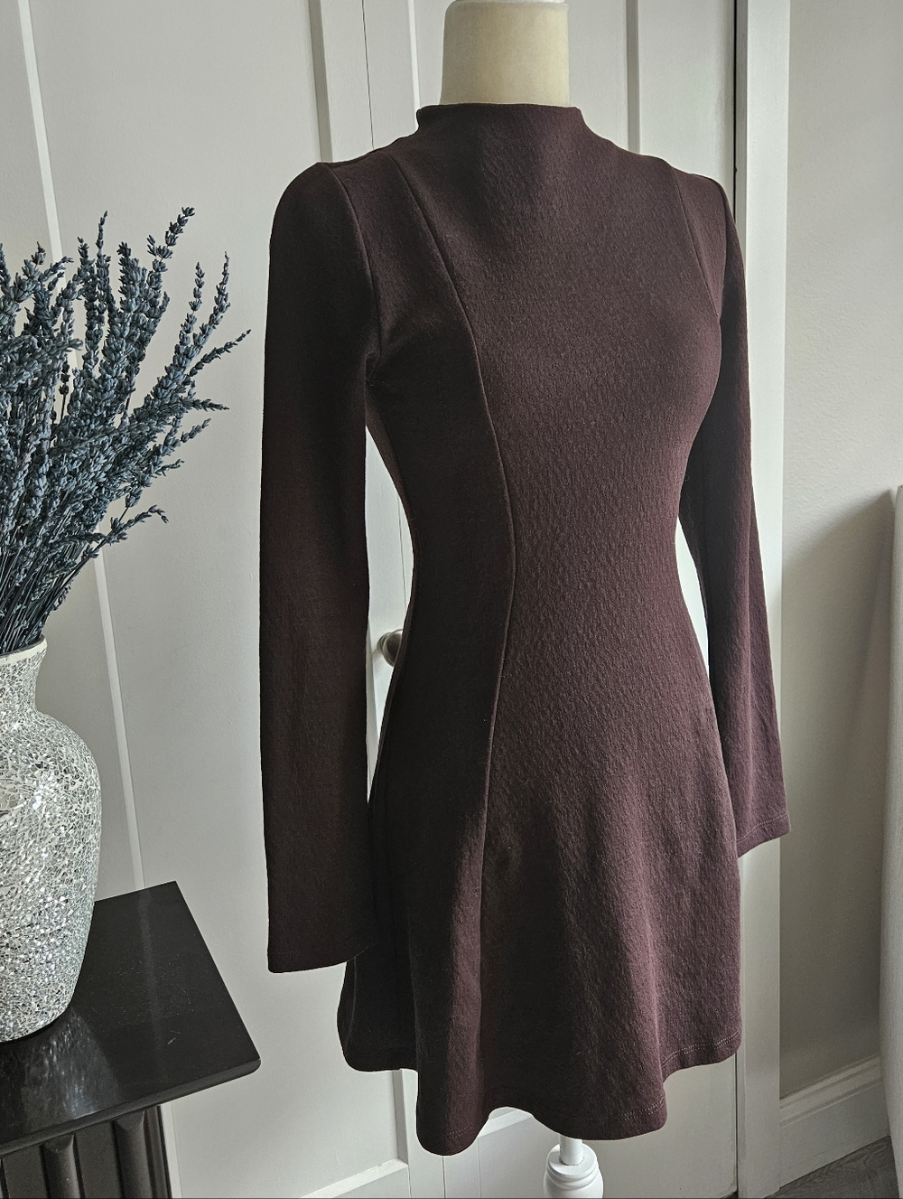 ZARA Mock Neck Knit Fit & Flare Dress Brown Long Sleeve A-Line Mini S NWT